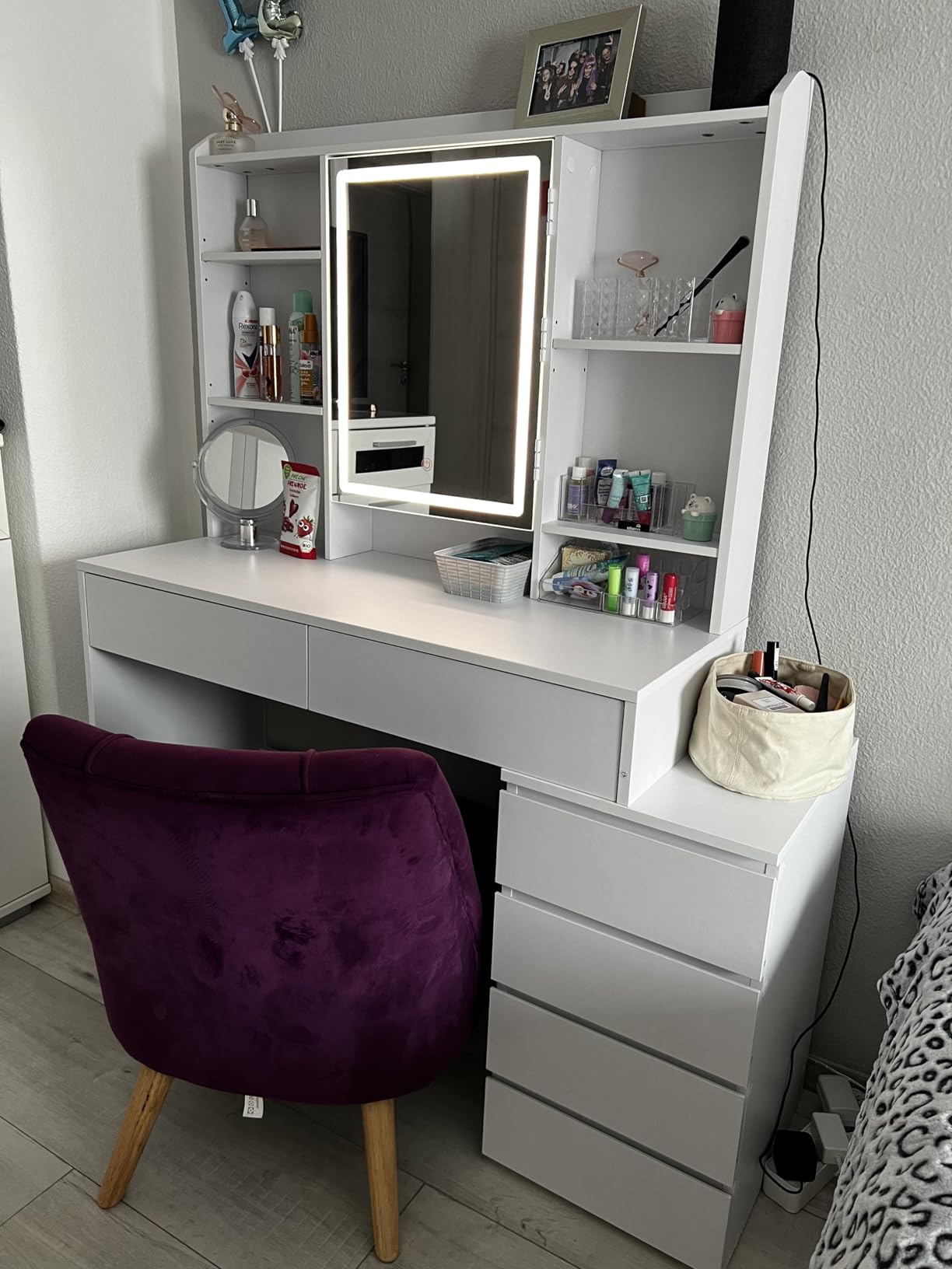 Τραπέζι Μπουντουάρ Μακιγιάζ Tουαλέτας Κρεβατοκάμαρας Καθρέφτης Με Ντουλάπι Λευκό με Φωτισμό LED Ρυθμιζόμενη Φωτεινότητα RD-T124W01