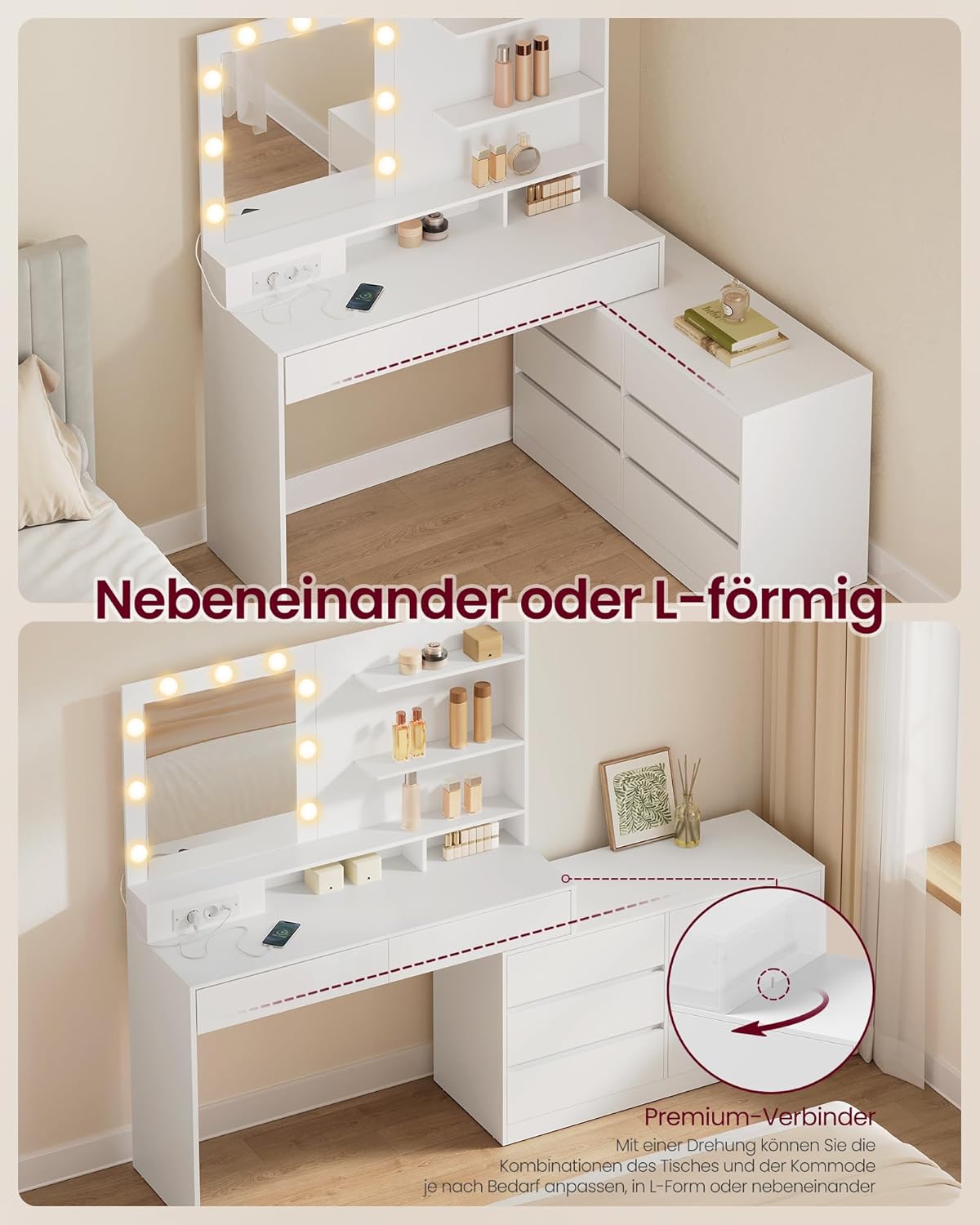 Τραπέζι Μπουντουάρ Μακιγιάζ με Καθρέφτη και Με Συρταριέρα Πτυσσόμενη Σχήμα L φώτα LED Πολύπριζο Συρτάρια 3 χρώματα Φωτός RD-T140WB01