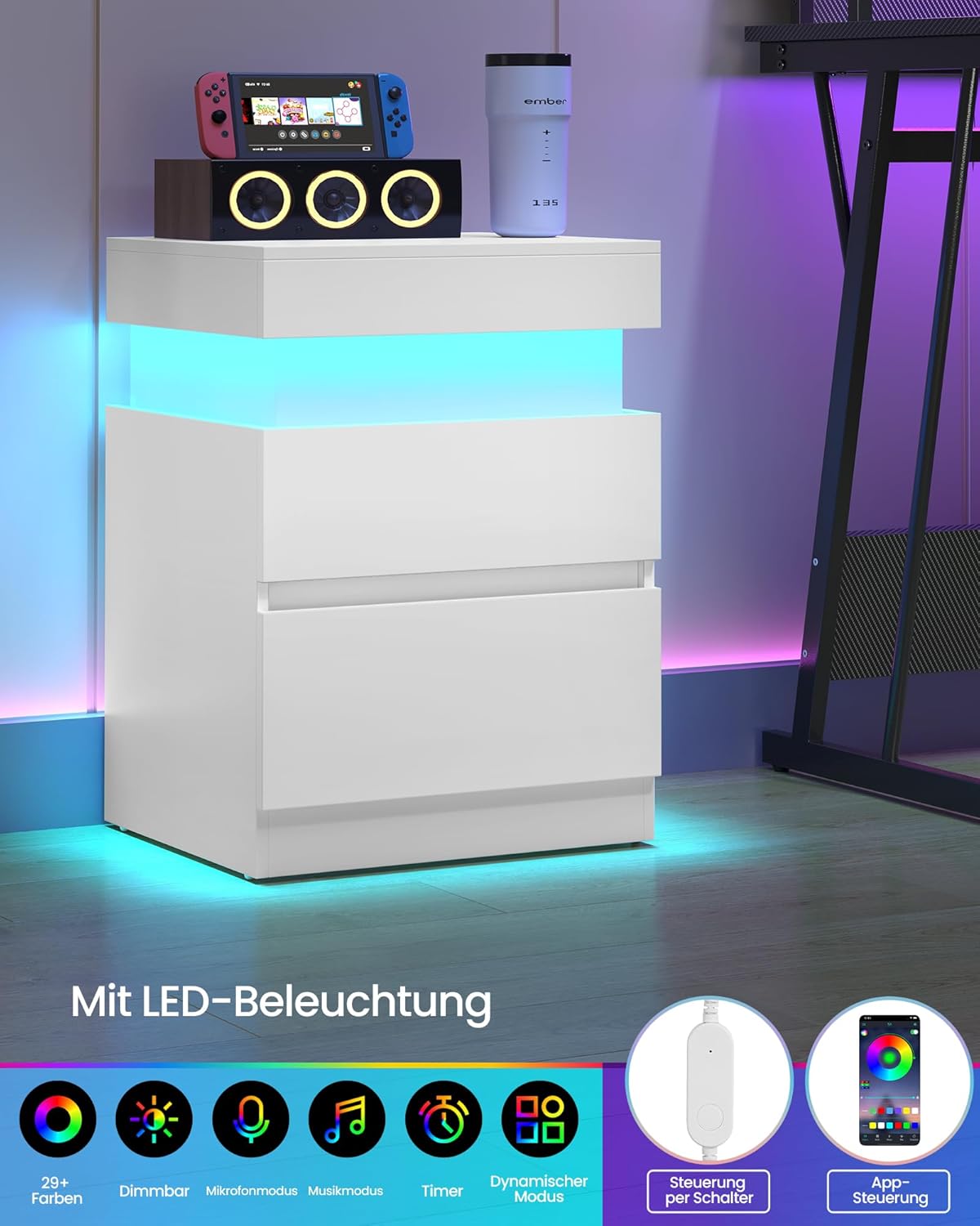 Κομοδίνο με Σταθμό Φόρτισης Σετ 2 τεμαχίων Φωτισμός LED Βοηθητικό Τραπεζάκι Μοντέρνο με Συρτάρια, 2 Πρίζες AC και Θύρες USB LET-829WB01