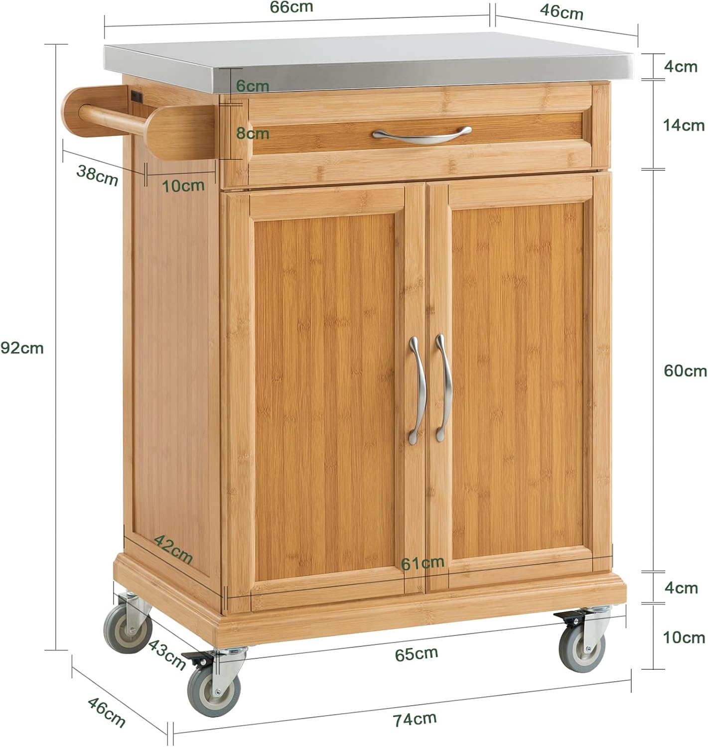 Τρόλεϊ Κουζίνας Νησίδα Ντουλάπι Βοηθητικό Τραπέζι Μπαμπού Ράφι Κουζίνας Boho Επιφάνεια Ανοξείδωτο 66 x 92 x 46 εκ .B0-BG83PYJ3