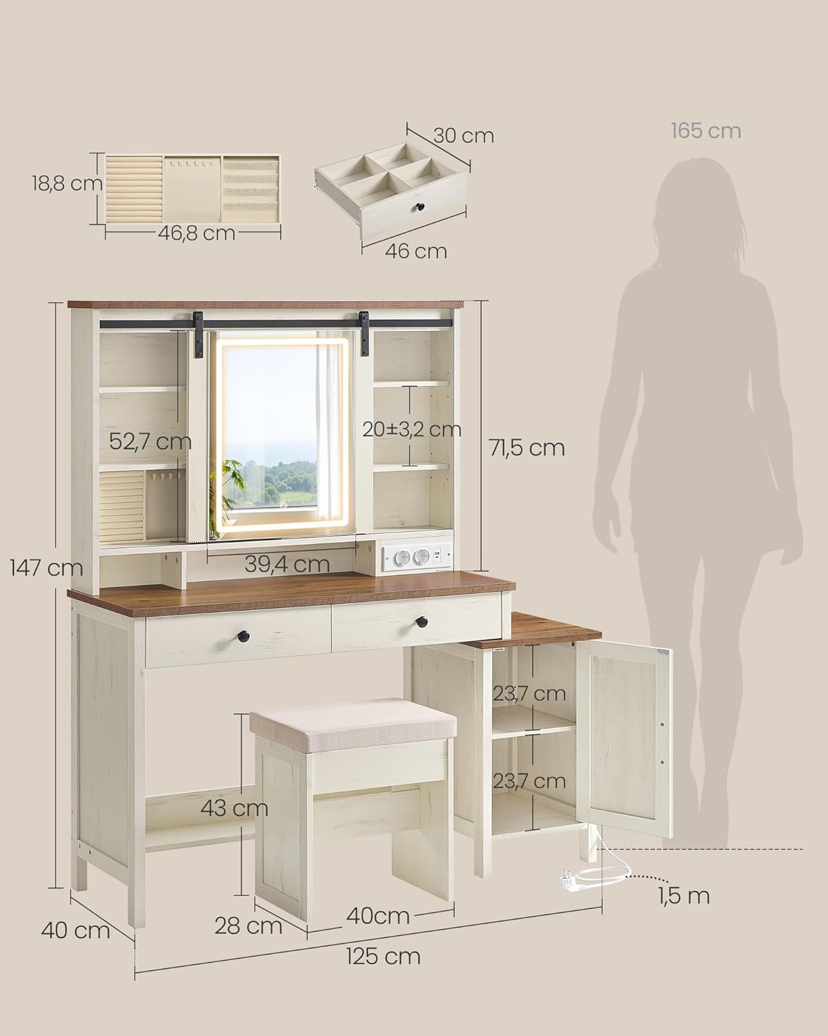 Τραπέζι Μπουντουάρ Μακιγιάζ Tουαλέτας Με Σκαμπό Κρεβατοκάμαρας Καθρέφτης Αφής Ντουλάπι Κοσμημάτων και Πρίζες  Παλαιωμένο Λευκό RD-T136W01