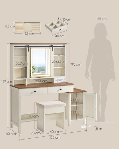 Τραπέζι Μπουντουάρ Μακιγιάζ Tουαλέτας Με Σκαμπό Κρεβατοκάμαρας Καθρέφτης Αφής Ντουλάπι Κοσμημάτων και Πρίζες  Παλαιωμένο Λευκό RD-T136W01