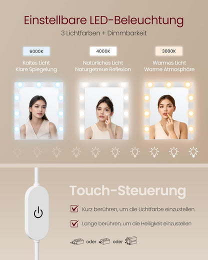 Τραπέζι Μπουντουάρ Μακιγιάζ με Καθρέφτη και Με Συρταριέρα Πτυσσόμενη Σχήμα L φώτα LED Πολύπριζο Συρτάρια 3 χρώματα Φωτός RD-T140WB01