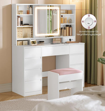 Τραπέζι Μπουντουάρ Μακιγιάζ Tουαλέτας με Καθρέφτη και φώτα LED Πολύπριζο Συρτάρια 10x μεγεθυντικός καθρέφτης 3 χρώματα Φωτός RD-T137W01