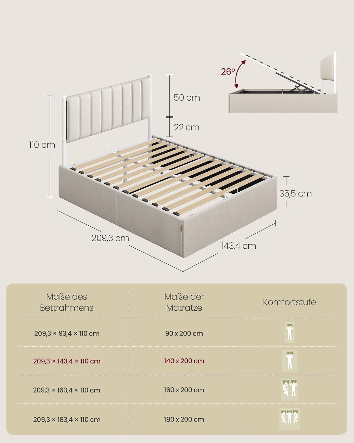 Σκελετός Διπλού Κρεβατιού με αποθηκευτικό Χώρο Κρεβάτι 140x200 εκ με Υδραυλικό σύστημα ανύψωσης RM-B614LH01