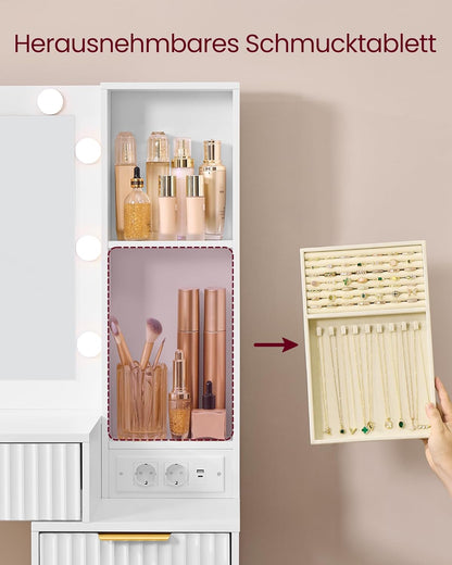 Τραπέζι Μπουντουάρ Μακιγιάζ Tουαλέτας Με Σκαμπό Κρεβατοκάμαρας Καθρέφτης Φώτα LED με Πρίζες 110εκ B0F-6YG3QHV