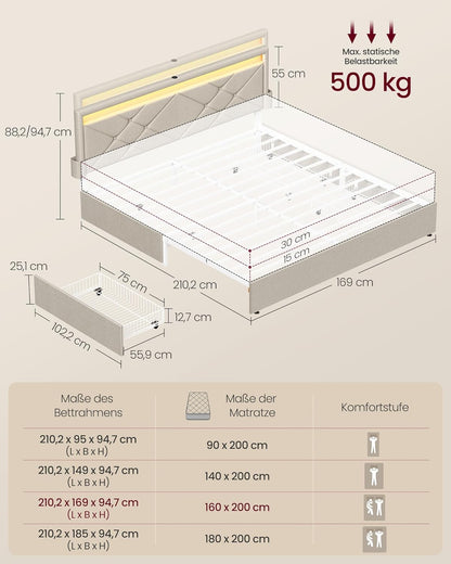 Σκελετός Διπλού Κρεβατιού 160 x 200 εκ. LED Φωτισμό 4 Συρτάρια Αποθήκευσης Σταθμός Φόρτισης Ρυθμιζόμενο Κεφαλάρι με Επένδυση Κρεβάτι Cappuccino Μπεζ RM-B828LH01