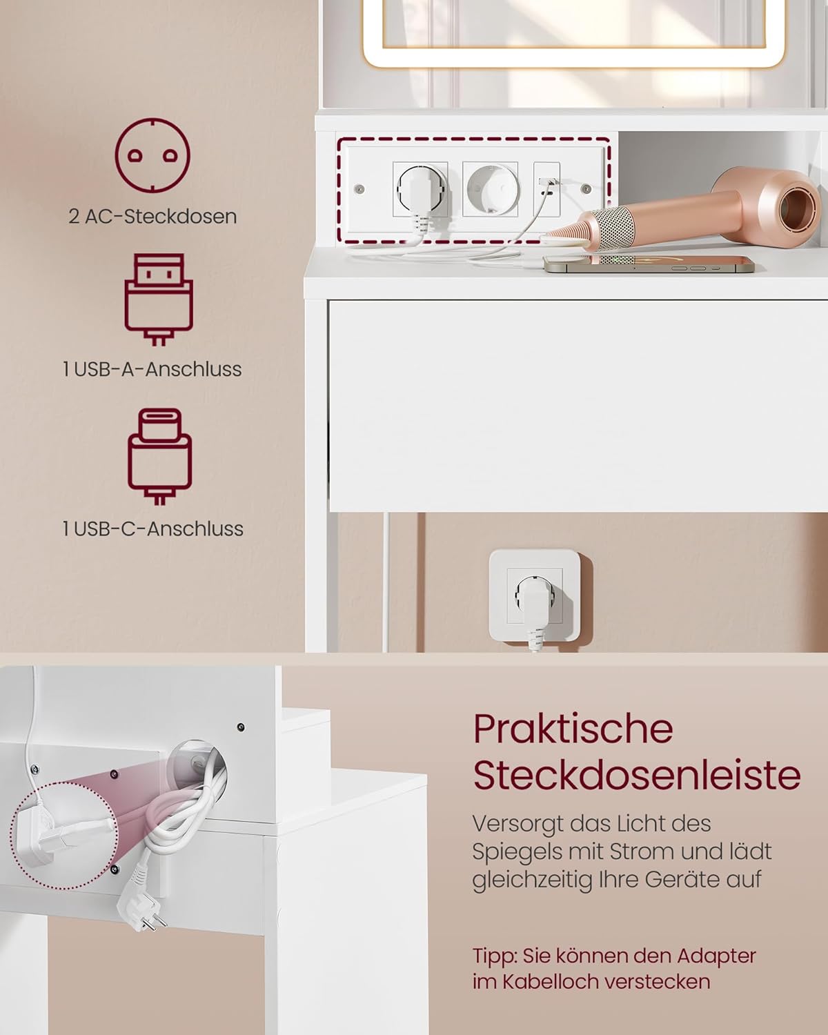 Τραπέζι Μπουντουάρ Μακιγιάζ Tουαλέτας Κρεβατοκάμαρας 80εκ Καθρέφτης με Φωτισμό LED Ρυθμιζόμενο με Πρίζα και USB Θύρες RD-T138W01