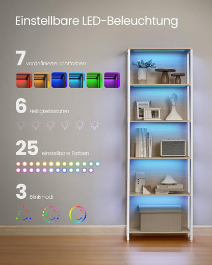 Βιβλιοθήκη με LED Φωτισμό 178 εκ Ύψος Ραφιέρα Βιτρίνα Μπεζ Λευκό 6 Ράφια LL-S120LL01