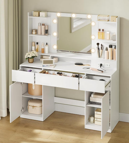 Τραπέζι Μπουντουάρ Μακιγιάζ Tουαλέτας με Καθρέφτη και φώτα LED Πολύπριζο Ντουλάπια 3 χρώματα Φωτός RD-T142WB02