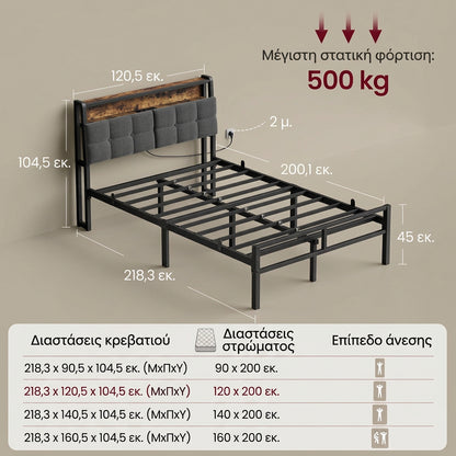 Μεταλλικό Κρεβάτι 120x200 με Υφασμάτινο Κεφαλάρι RGB LED Φωτισμό USB & Πρίζες AC Αντοχή 250 kg RMB-B35120G101