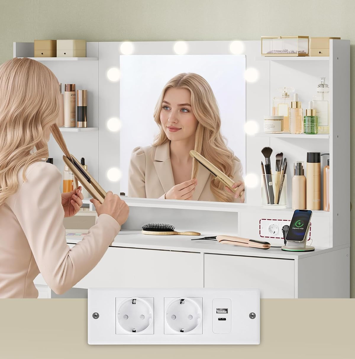Τραπέζι Μπουντουάρ Μακιγιάζ Tουαλέτας με Καθρέφτη και φώτα LED Πολύπριζο Ντουλάπια 3 χρώματα Φωτός RD-T142WB02