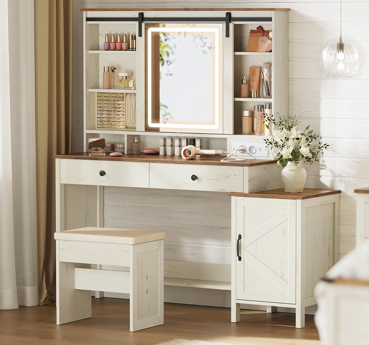 Τραπέζι Μπουντουάρ Μακιγιάζ Tουαλέτας Με Σκαμπό Κρεβατοκάμαρας Καθρέφτης Αφής Ντουλάπι Κοσμημάτων και Πρίζες  Παλαιωμένο Λευκό RD-T136W01