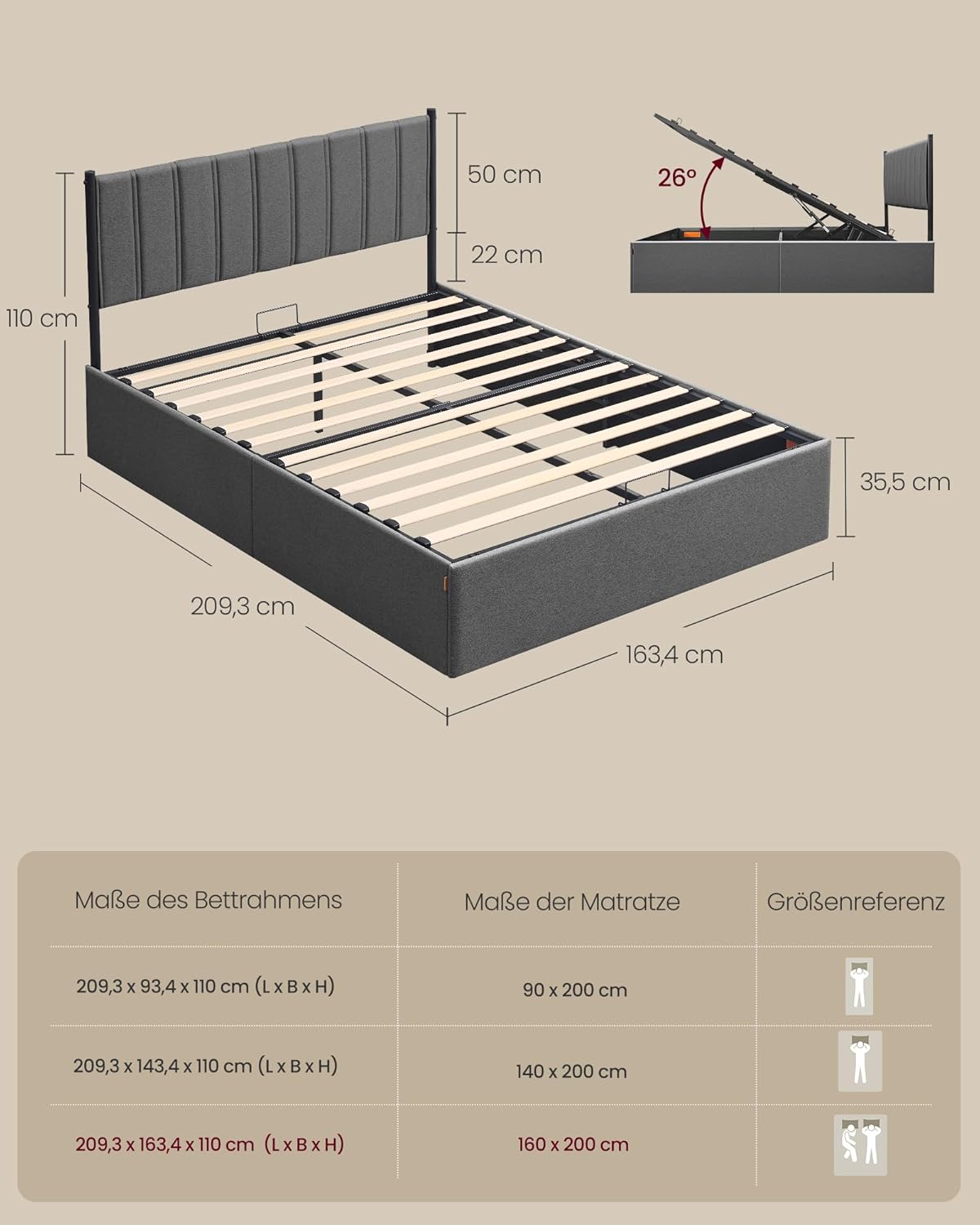 Σκελετός Διπλού Κρεβατιού με αποθηκευτικό Χώρο Κρεβάτι 160x200 εκ με Υδραυλικό σύστημα ανύψωσης RM-B615G02