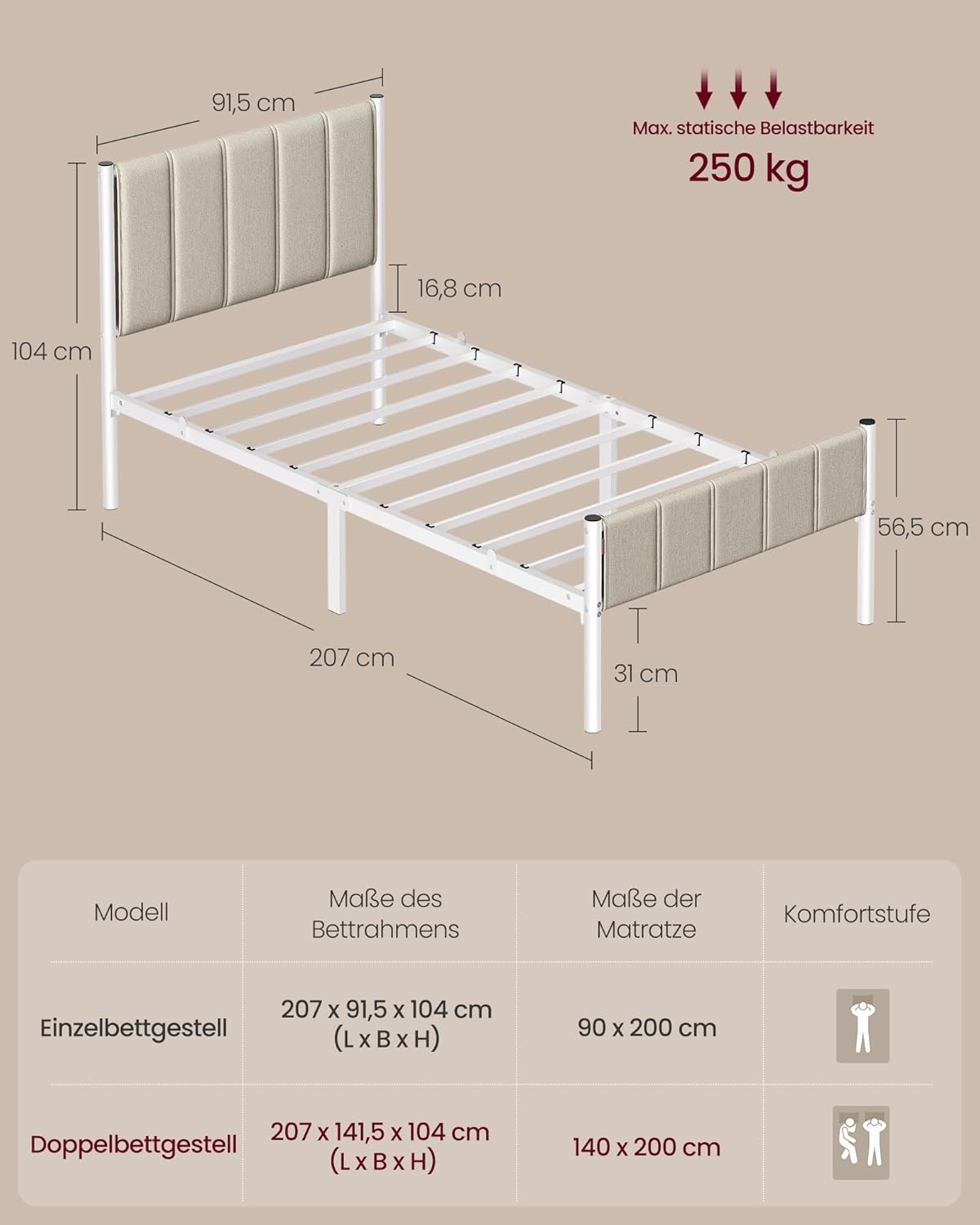 Σκελετός Μονού Κρεβατιού Μπεζ Ανθεκτικό Πλαίσιο 90x200 εκ Κρεβάτι Επενδυμένο με ύφασμα RM-B972LH01
