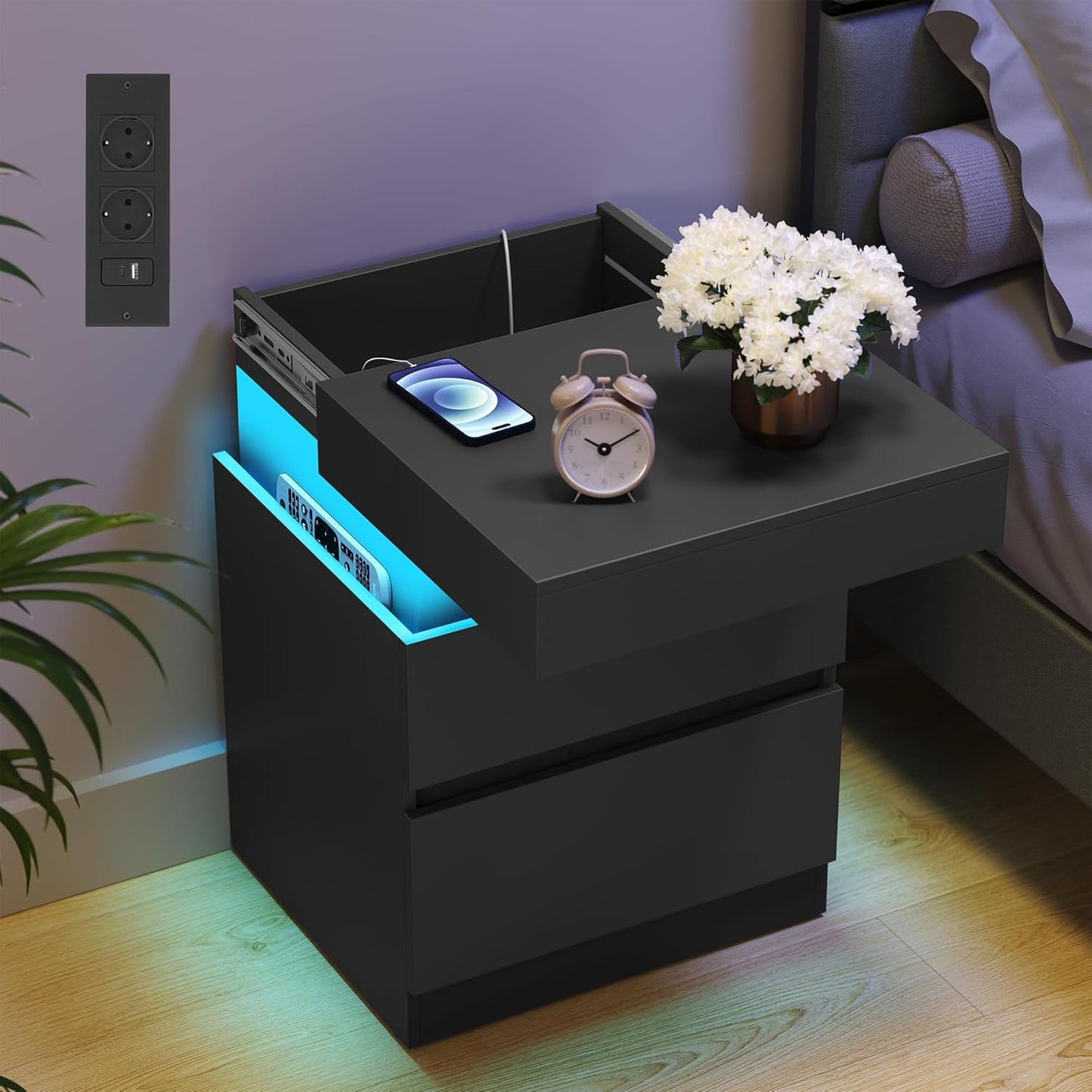 Κομοδίνο με Σταθμό Φόρτισης Σετ 2 τεμαχίων Λευκό και Μαύρο Φωτισμός LED Βοηθητικό Τραπεζάκι Μοντέρνο με Συρτάρια, 2 Πρίζες AC και Θύρες USB LET-829WB01