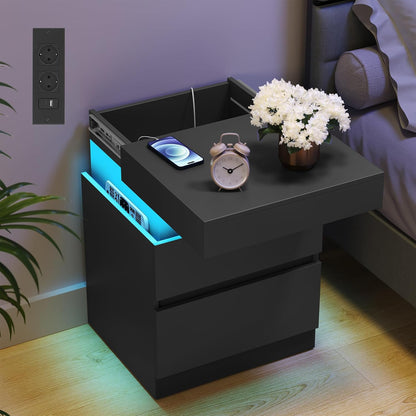 Κομοδίνο με Σταθμό Φόρτισης Σετ 2 τεμαχίων Λευκό και Μαύρο Φωτισμός LED Βοηθητικό Τραπεζάκι Μοντέρνο με Συρτάρια, 2 Πρίζες AC και Θύρες USB LET-829WB01