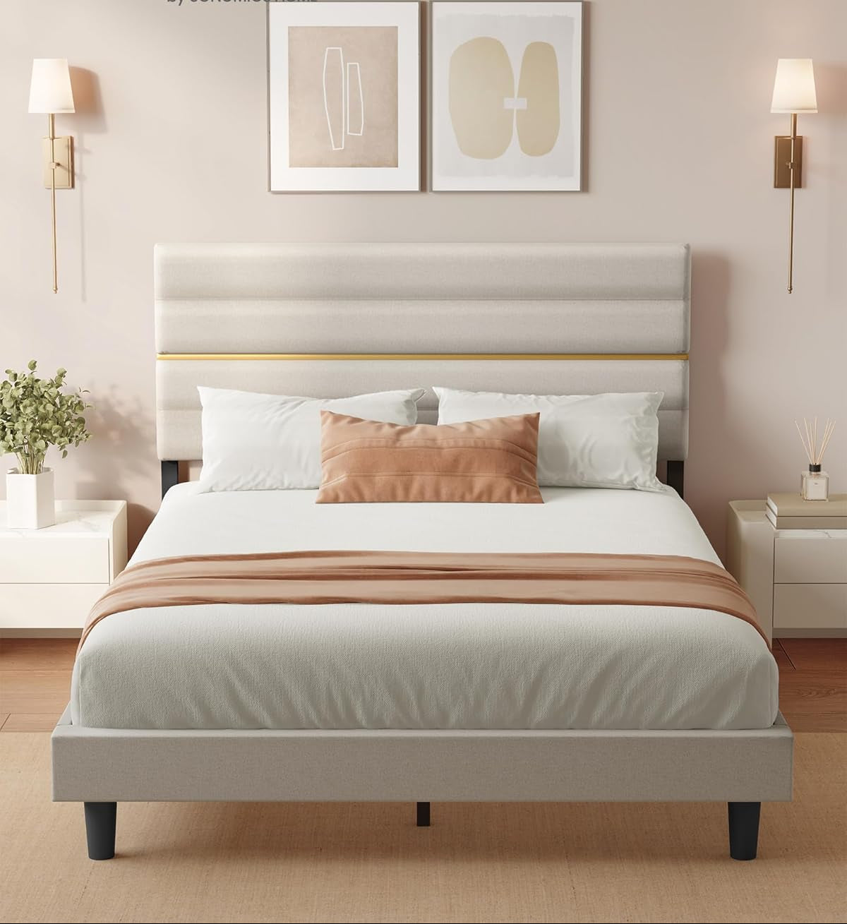 Σκελετός Διπλού Κρεβατιού Ανθεκτικό Πλαίσιο 160x200 εκ Κρεβάτι Επενδυμένο με ύφασμα Μπεζ RM-B505LH01