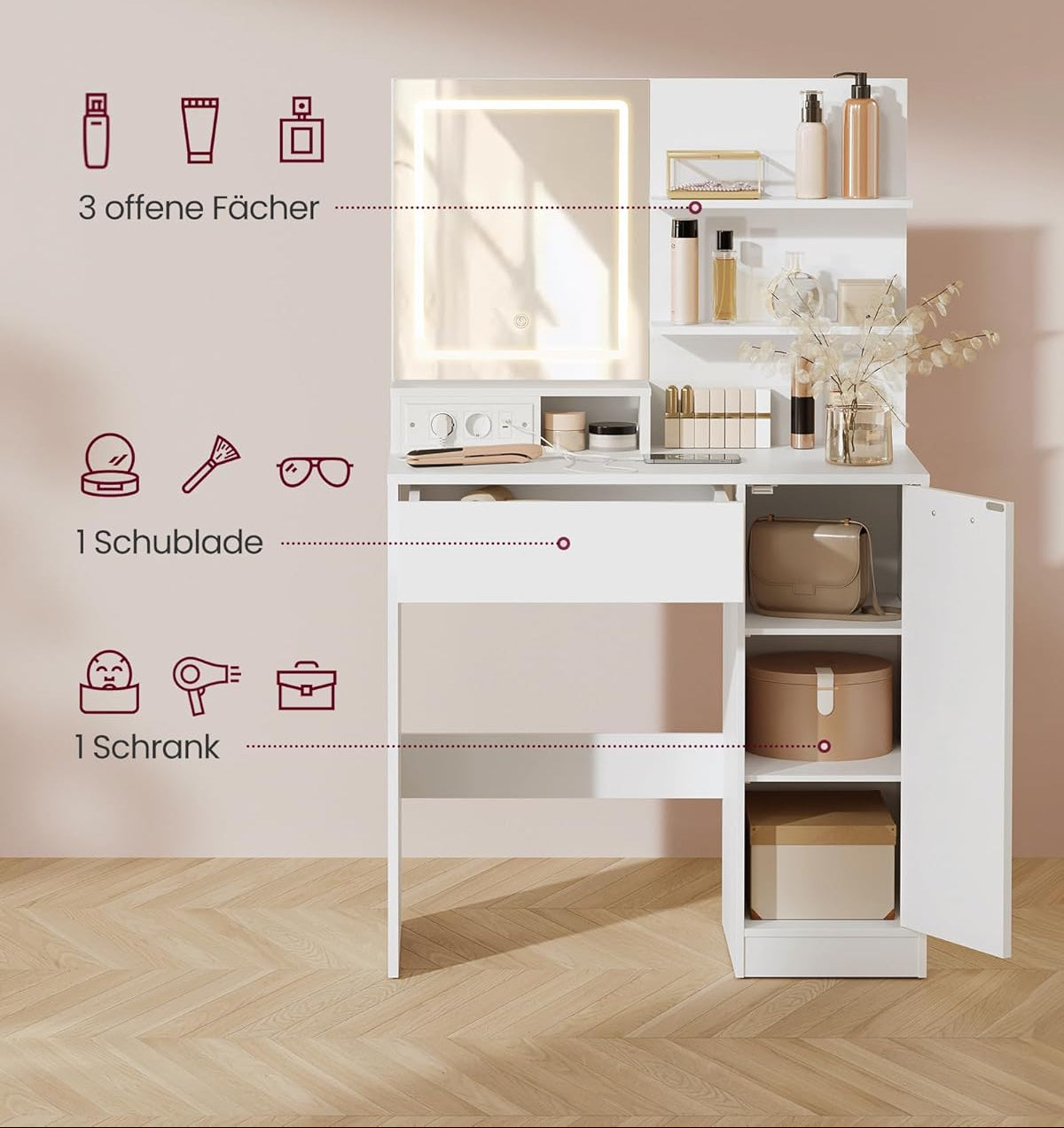 Τραπέζι Μπουντουάρ Μακιγιάζ Tουαλέτας Κρεβατοκάμαρας 80εκ Καθρέφτης με Φωτισμό LED Ρυθμιζόμενο με Πρίζα και USB Θύρες RD-T138W01