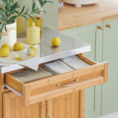 Τρόλεϊ Κουζίνας Νησίδα Ντουλάπι Βοηθητικό Τραπέζι Μπαμπού Ράφι Κουζίνας Boho Επιφάνεια Ανοξείδωτο 66 x 92 x 46 εκ .B0-BG83PYJ3