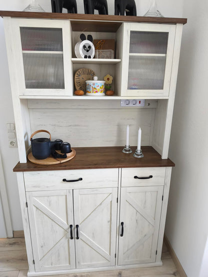 Μπουφές με φωτισμό Ντουλάπι Βοηθητικό Ράφι Κουζίνας με Συρόμενες πόρτες και συρτάρια 39,5 x 106,5 x 180,6 εκ Παλαιωμένο Λευκό BB-K391W02