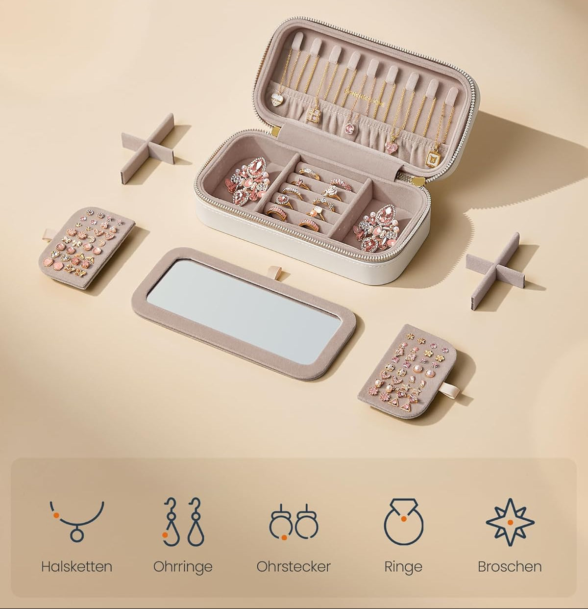 Κουτί Κοσμημάτων Ταξιδιού Νεσέρ Θήκη Κοσμημάτων με Καθρέφτη 10,5 x 20,5 x 6 εκ με φερμουάρ ιδέα για δώρο Εκρού Μπουντουάρ JB-C180W01