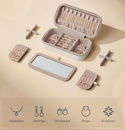 Κουτί Κοσμημάτων Ταξιδιού Νεσέρ Θήκη Κοσμημάτων με Καθρέφτη 10,5 x 20,5 x 6 εκ με φερμουάρ ιδέα για δώρο Εκρού Μπουντουάρ JB-C180W01