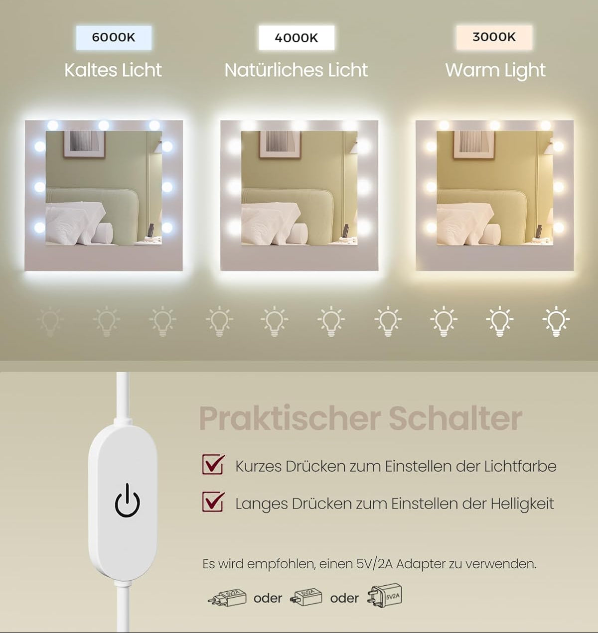 Τραπέζι Μπουντουάρ Μακιγιάζ Tουαλέτας με Καθρέφτη και φώτα LED Πολύπριζο Ντουλάπια 3 χρώματα Φωτός RD-T142WB02