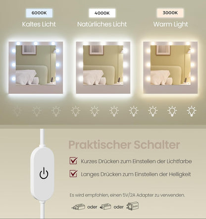 Τραπέζι Μπουντουάρ Μακιγιάζ Tουαλέτας με Καθρέφτη και φώτα LED Πολύπριζο Ντουλάπια 3 χρώματα Φωτός RD-T142WB02