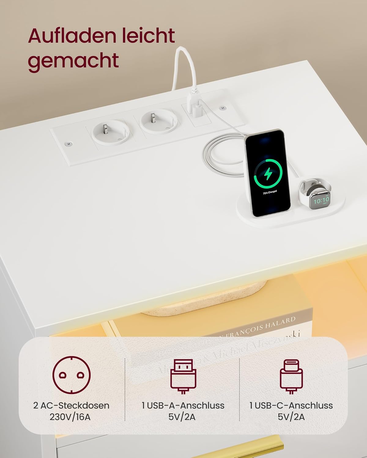 Κομοδίνο Σετ 2 τμχ με LED φωτισμό Κρεβατοκάμαρας με Σταθμό Φόρτισης Θύρες USB και Πρίζες LET-829WB01