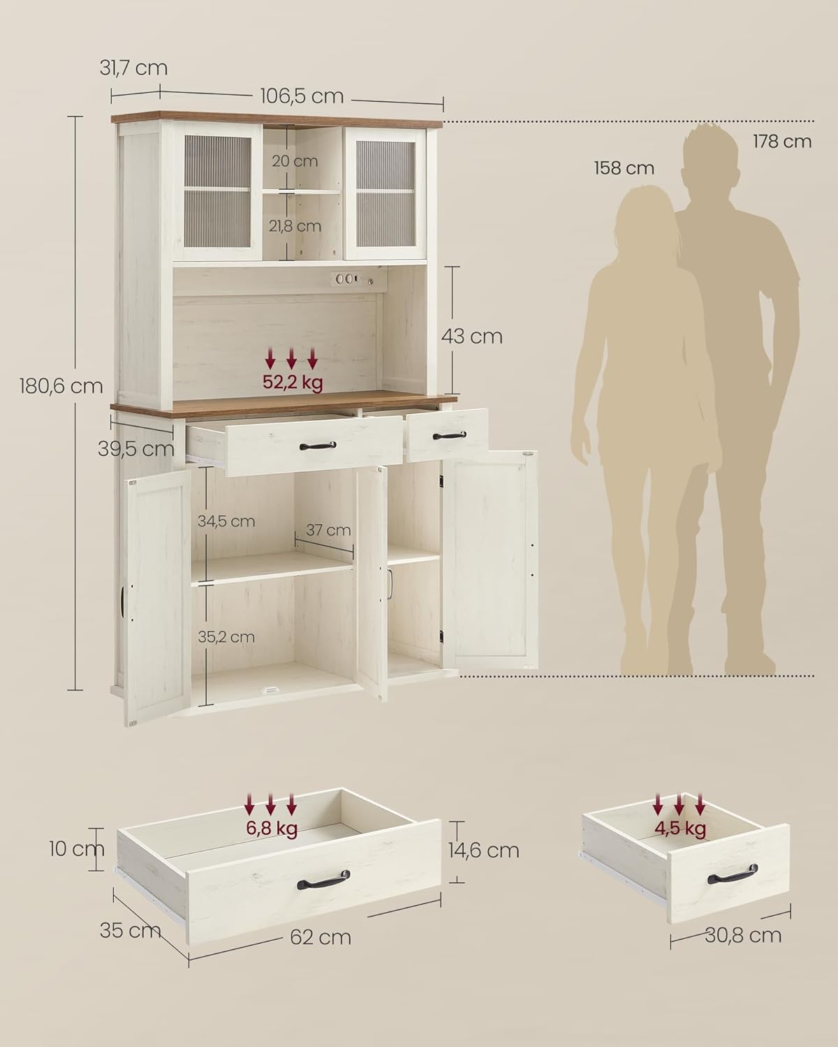 Μπουφές με φωτισμό Ντουλάπι Βοηθητικό Ράφι Κουζίνας με Συρόμενες πόρτες και συρτάρια 39,5 x 106,5 x 180,6 εκ Παλαιωμένο Λευκό BB-K391W02