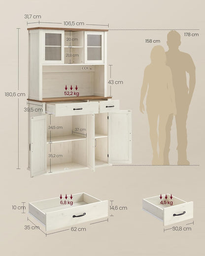 Μπουφές με φωτισμό Ντουλάπι Βοηθητικό Ράφι Κουζίνας με Συρόμενες πόρτες και συρτάρια 39,5 x 106,5 x 180,6 εκ Παλαιωμένο Λευκό BB-K391W02