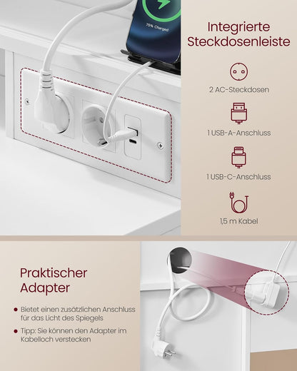 Τραπέζι Μπουντουάρ Μακιγιάζ Tουαλέτας με Καθρέφτη και φώτα LED Πολύπριζο Συρτάρια 10x μεγεθυντικός καθρέφτης 3 χρώματα Φωτός RD-T137W01