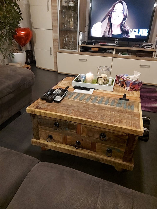 Τραπέζι Σαλονιού Τραπεζάκι Καφέ Βοηθητικό Ανακυκλωμένο Ξύλο Μασίφ Μεγάλο Τετράγωνο με Συρτάρια Τραπέζι Καναπέ 1243978