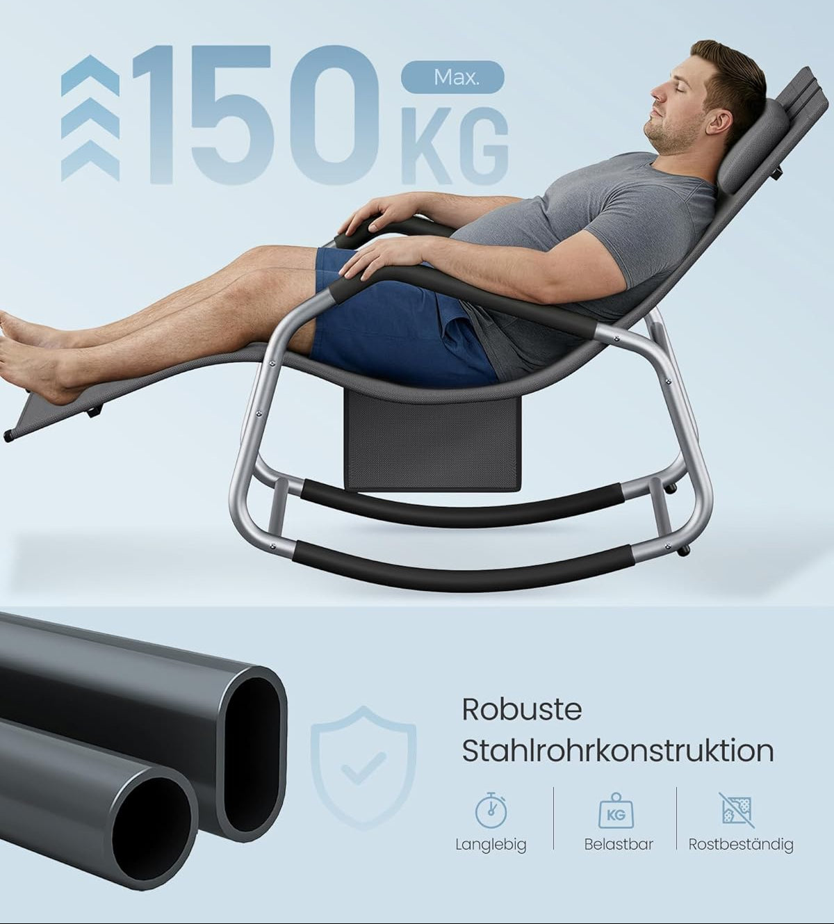 Πολυθρόνα Σεζλόνγκ Κήπου Μπαλκονιού Εργονομική Μεγάλης αντοχής έως 150 κιλά Ξαπλώστρα Κουνιστή με Προσκέφαλο Γκρι GC-B230GZ02