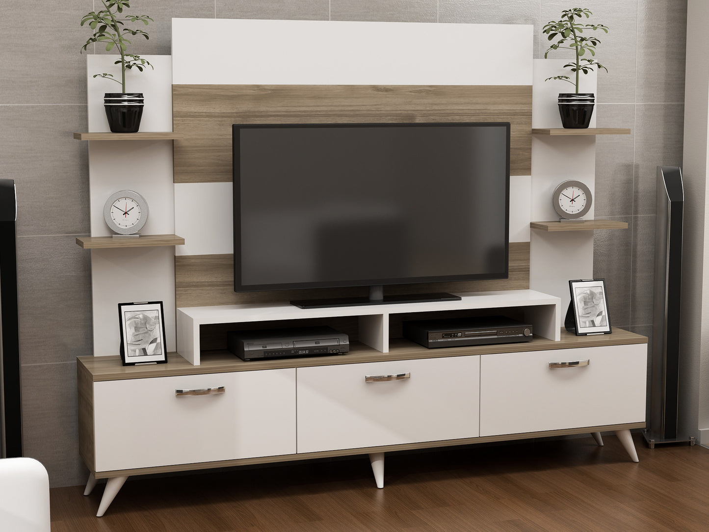 Έπιπλο Τηλεόρασης TV Βάση Σύνθεση Λευκό Καρυδί | 788DEC3075