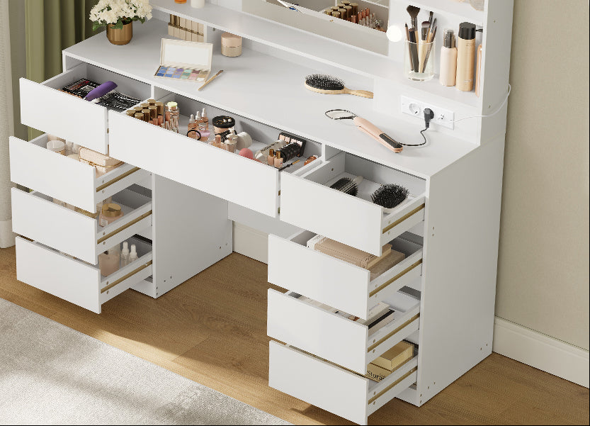 Τραπέζι Μπουντουάρ Μακιγιάζ Tουαλέτας με Καθρέφτη και φώτα LED Πολύπριζο Συρτάρια 3 χρώματα Φωτός RD-T141WB02