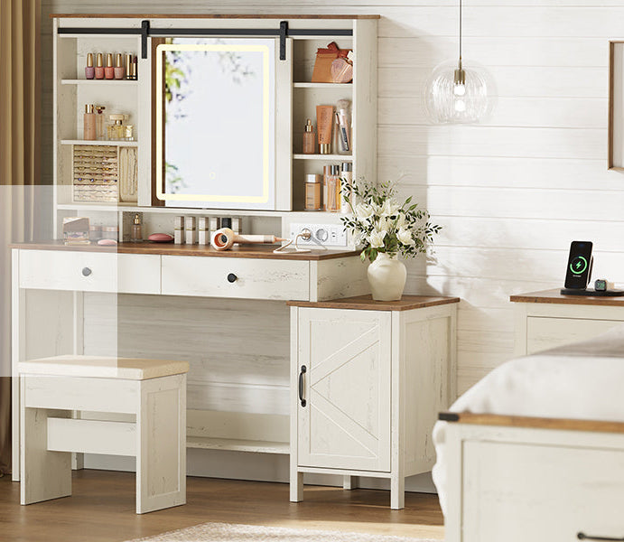 Τραπέζι Μπουντουάρ Μακιγιάζ Tουαλέτας Με Σκαμπό Κρεβατοκάμαρας Καθρέφτης Αφής Ντουλάπι Κοσμημάτων και Πρίζες  Παλαιωμένο Λευκό RD-T136W01