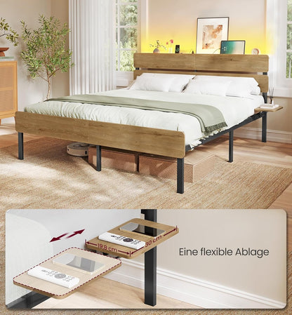 Σκελετός Κρεβατιού 140 x 200 εκ Φωτισμός LED Θύρα USB Αποθήκευση Κάτω από το Κρεβάτι Boho Φυσικό Καφέ RMB-104HC01