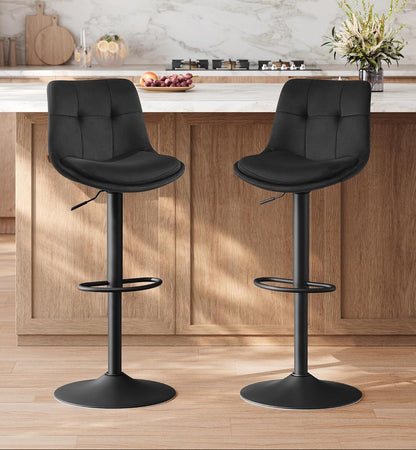 Σκαμπό για Πάσο Κουζίνας Σετ 2 τεμ Εργονομικό Κάθισμα Νησίδας Μπαρ Ρυθμιζόμενο Ύψος 63-84 εκ Μεγάλη Σταθερή Βάση Μαύρο Βελούδο LJ-B198BH01