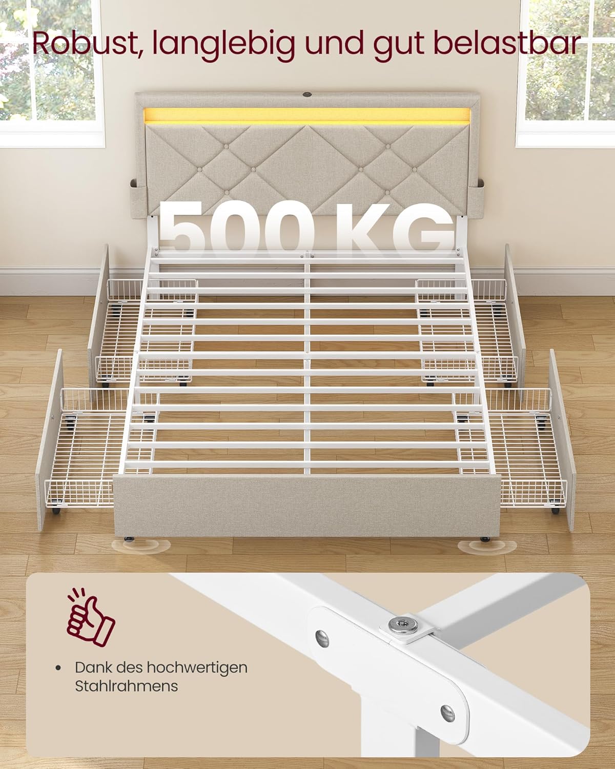 Σκελετός Διπλού Κρεβατιού 140 x 200 εκ. LED Φωτισμό 4 Συρτάρια Αποθήκευσης Σταθμός Φόρτισης Ρυθμιζόμενο Κεφαλάρι με Επένδυση Κρεβάτι Cappuccino Μπεζ RM-B827LH01