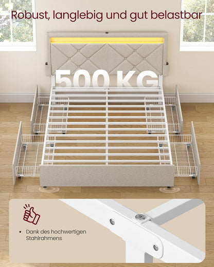 Σκελετός Διπλού Κρεβατιού 140 x 200 εκ. LED Φωτισμό 4 Συρτάρια Αποθήκευσης Σταθμός Φόρτισης Ρυθμιζόμενο Κεφαλάρι με Επένδυση Κρεβάτι Cappuccino Μπεζ RM-B827LH01