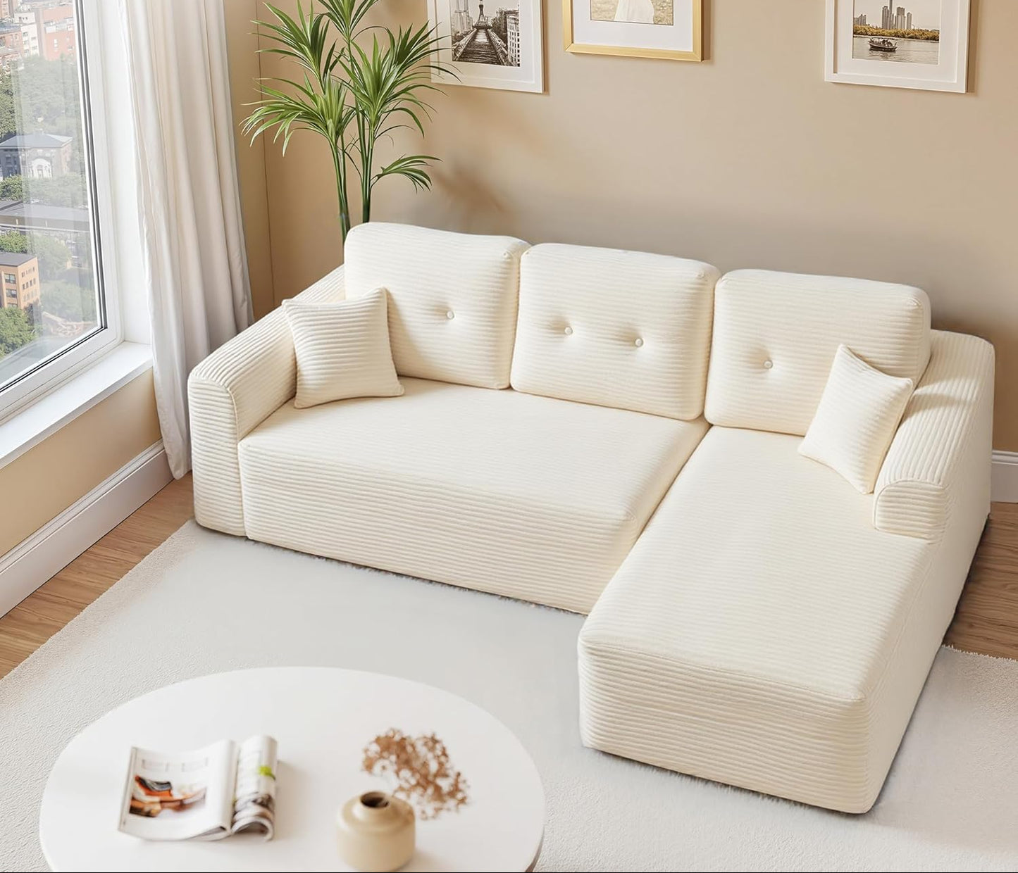 Γωνιακός Καναπές Κρεβάτι Δεξιά Γωνία Πολυμορφικός Εργονομικός Κάθισμα 43 εκ Χωρίς Συναρμολόγηση για Σαλόνι Δωμάτιο επισκεπτών κρεμ και γκρί LCS-184WD01