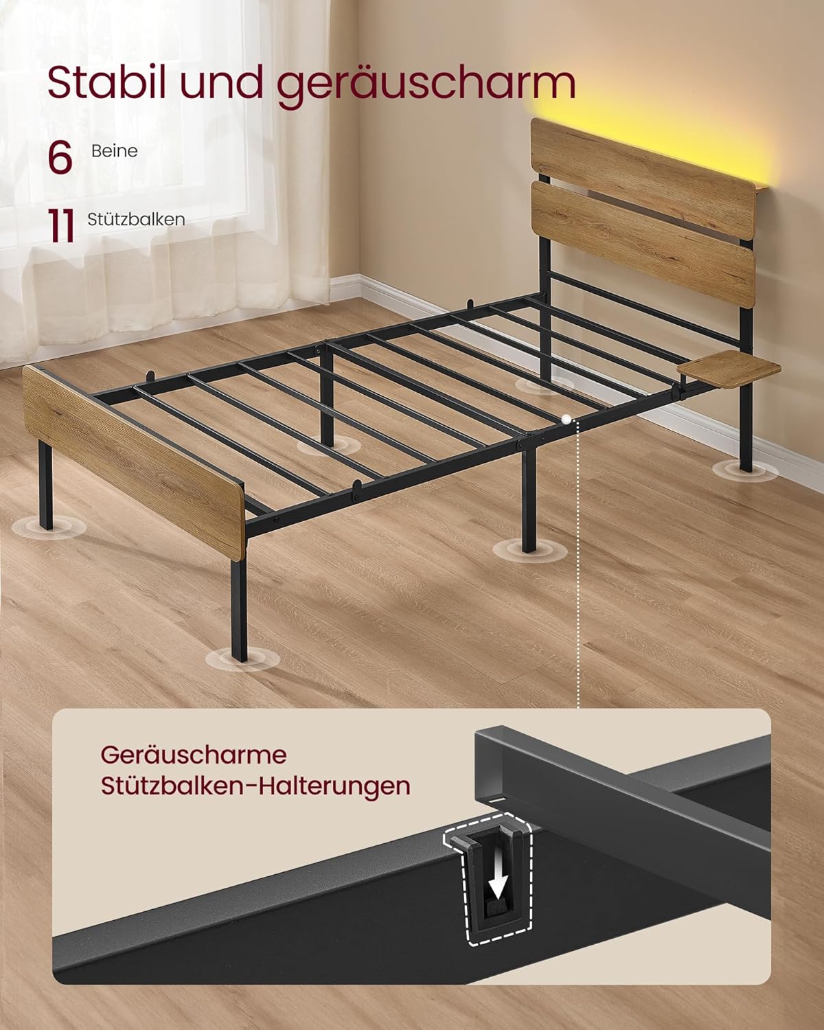 Σκελετός Μονού Κρεβατιού 90 x 200 εκ Μεταλλικός Σκελετός Φωτισμός LED Θύρα USB Αποθήκευση Κάτω από το Κρεβάτι Boho Φυσικό Καφέ RMB-102K01