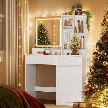Τραπέζι Μπουντουάρ Μακιγιάζ Tουαλέτας Κρεβατοκάμαρας 90εκ Καθρέφτης Με Ντουλάπι με Φωτισμό LED Ρυθμιζόμενο με Πρίζα και USB Θύρες RD-T134W01