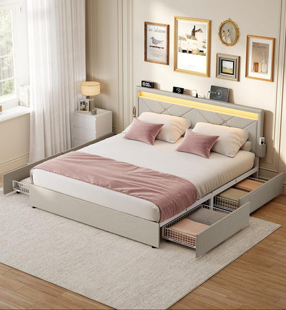 Σκελετός Διπλού Κρεβατιού 140 x 200 εκ. LED Φωτισμό 4 Συρτάρια Αποθήκευσης Σταθμός Φόρτισης Ρυθμιζόμενο Κεφαλάρι με Επένδυση Κρεβάτι Cappuccino Μπεζ RM-B827LH01