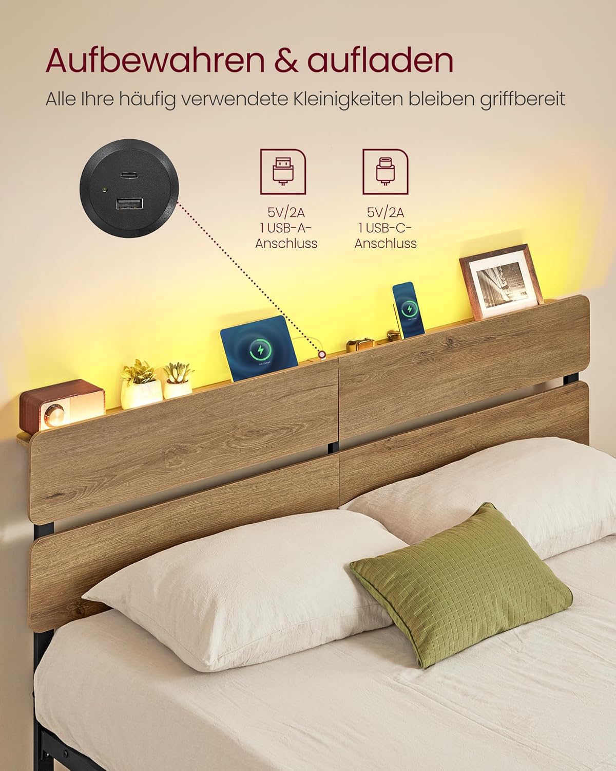 Σκελετός Κρεβατιού 140 x 200 εκ Φωτισμός LED Θύρα USB Αποθήκευση Κάτω από το Κρεβάτι Boho Φυσικό Καφέ RMB-104HC01