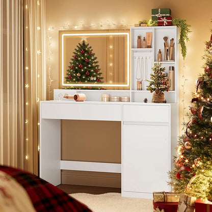 Τραπέζι Μπουντουάρ Μακιγιάζ Tουαλέτας Κρεβατοκάμαρας 110εκ Καθρέφτης Με Ντουλάπι με Φωτισμό LED Ρυθμιζόμενο με Πρίζα και USB Θύρες RD-T634W01