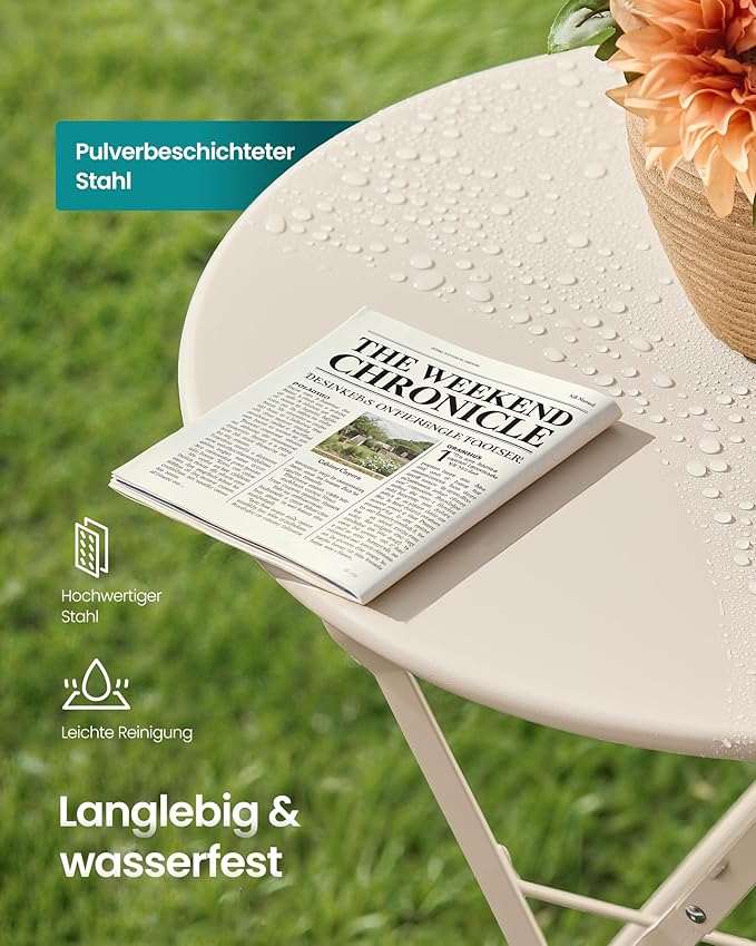 Σετ Επίπλων Κήπου 3 Τεμάχια Πτυσσόμενα 1 Τραπέζι με 2 Καρέκλες Έπιπλα Βεράντας Ατσάλι Ανθεκτικά στις Καιρικές Συνθήκες για Εξωτερικούς Χώρους Μπέζ Καπουτσίνο GG-F036LZ01