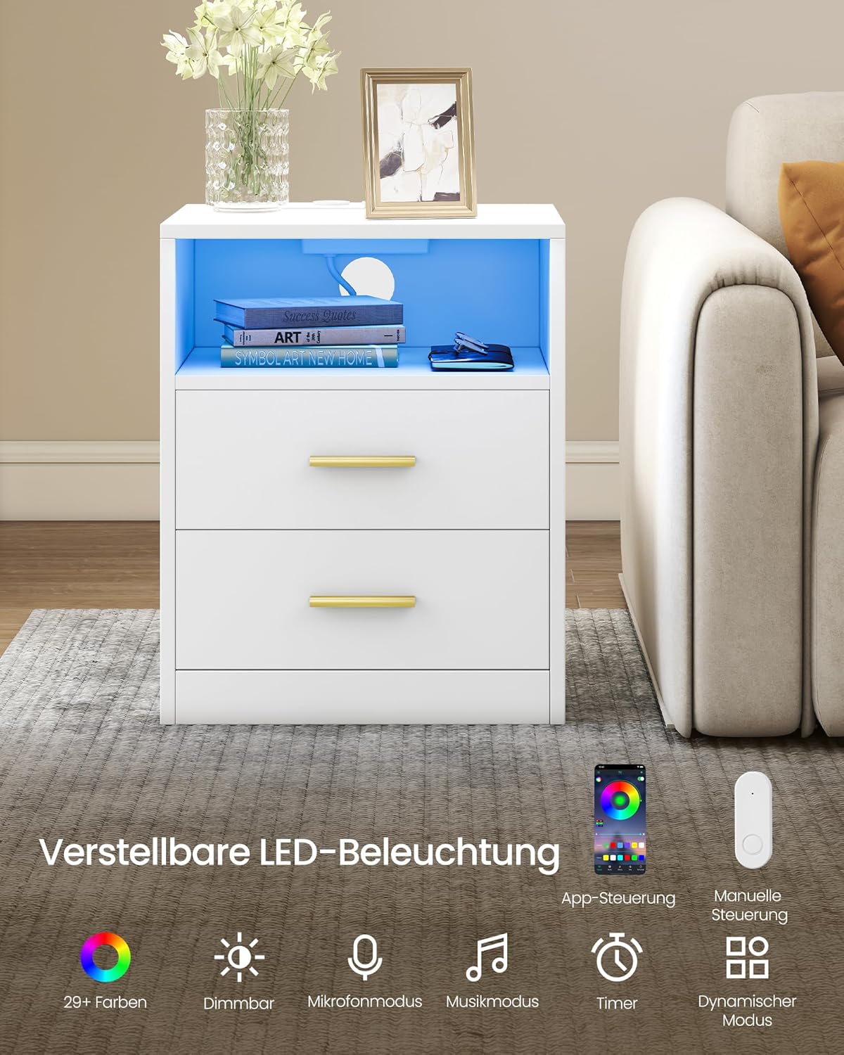 Κομοδίνο Σετ 2 τμχ με LED φωτισμό Κρεβατοκάμαρας με Σταθμό Φόρτισης Θύρες USB και Πρίζες LET-829WB01